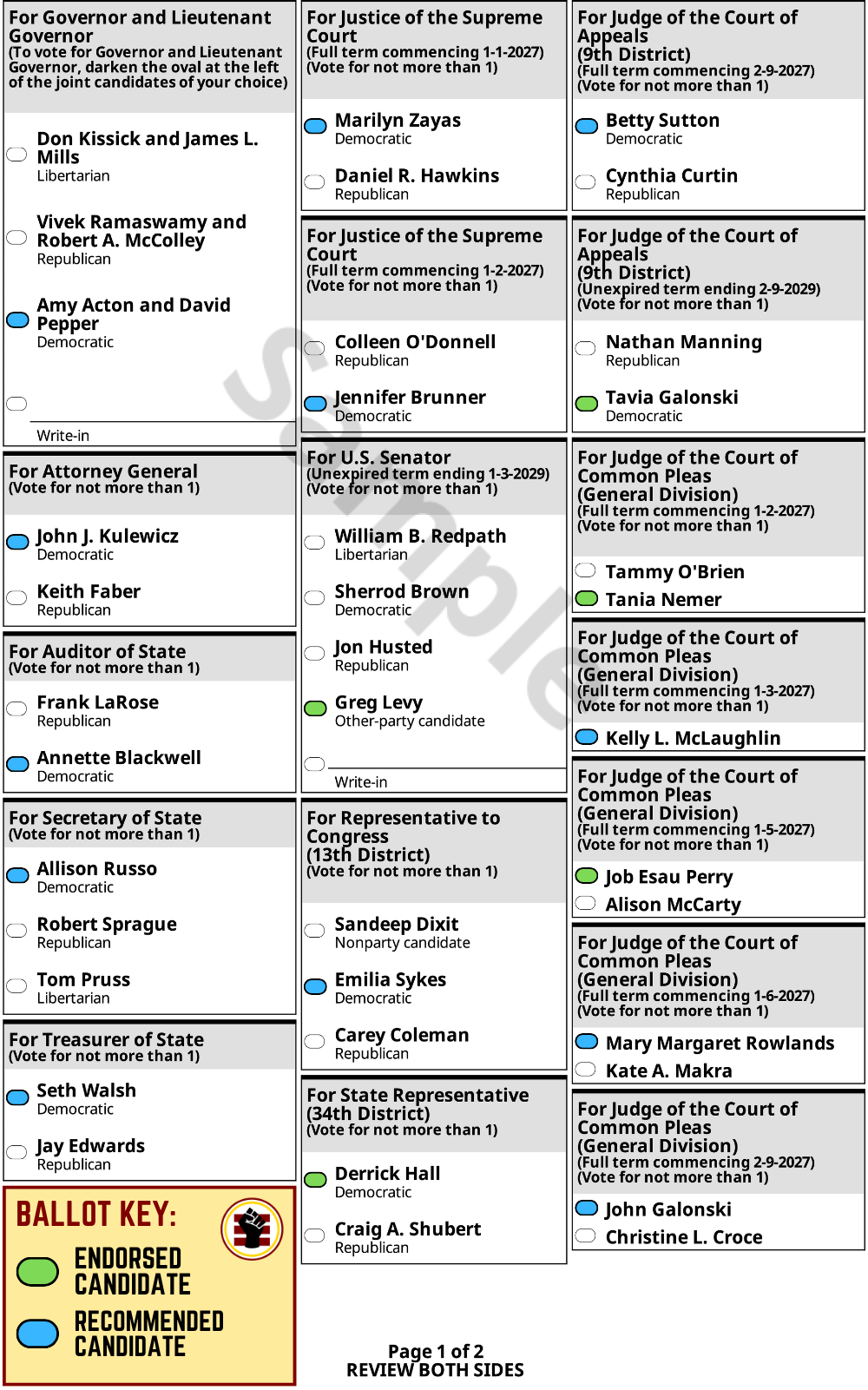 Page 1 of the sample ballot for Stow, Ohio's November 3, 2026 General Election.