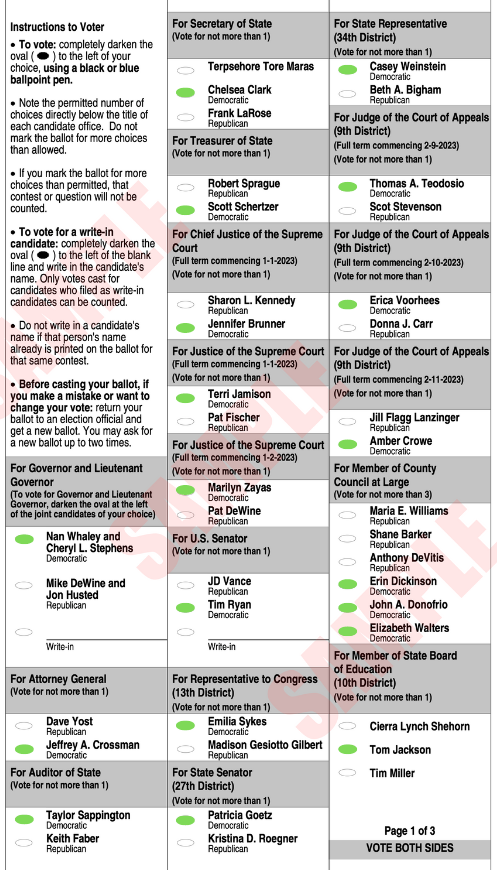 Page 1 of our sample ballot for the November 2022 general election, in Stow, Ohio.