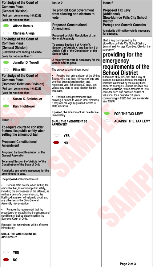 Page 2 of our sample ballot for the November 2022 general election, in Stow, Ohio.