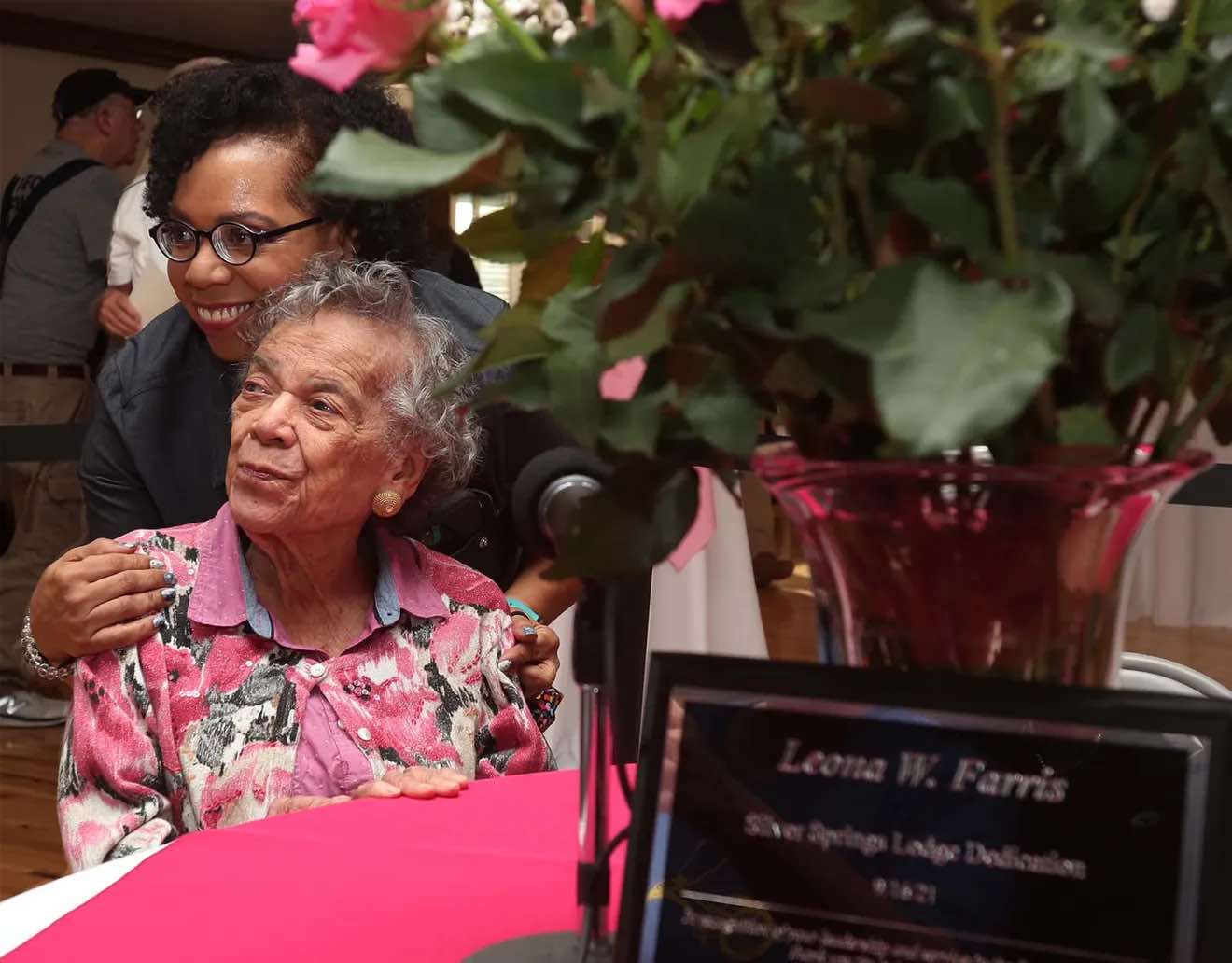 Leona Farris, 104, poses for a photograph with her daughter Laura Farris-Daugherty, before the city of Stow's dedication ceremony on September 16, to rename Silver Springs Lodge as the Leona Farris Lodge. Farris is being honored for her groundbreaking work throughout Stow's history — courtesy of Karen Schiely, Akron Beacon Journal.