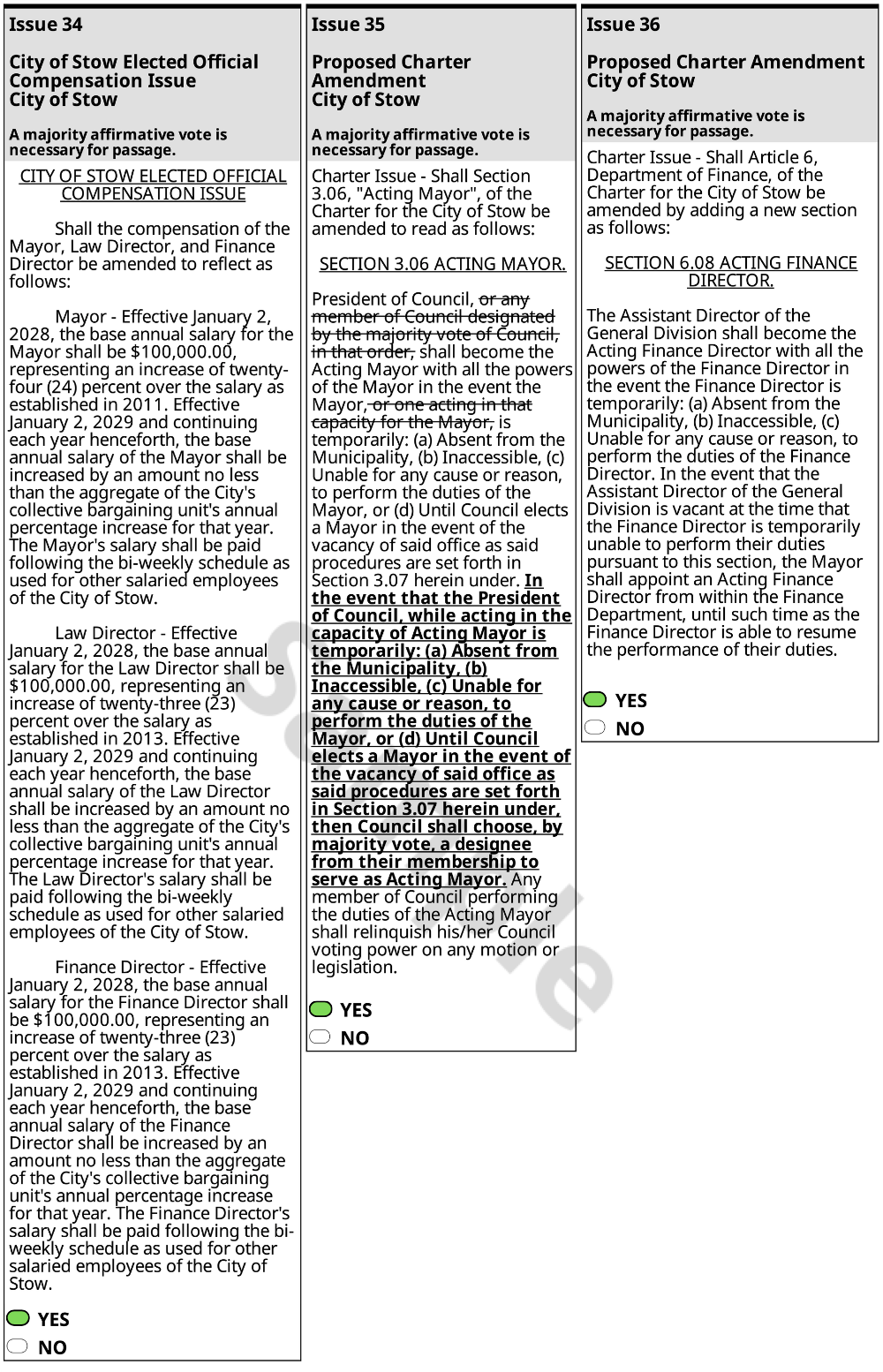 Page 3 of the sample ballot for Stow, Ohio's November 3, 2026 General Election.