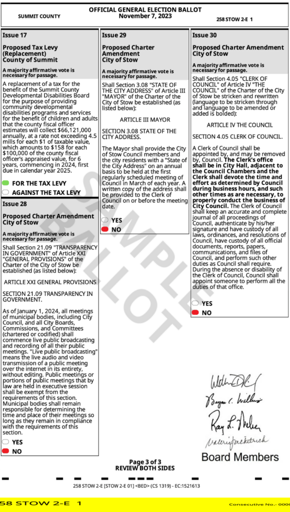 Page 3 of our sample ballot for the November 2023 general election, in Stow, Ohio.