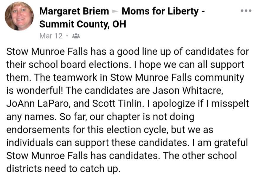 A post by a member of Moms for Liberty Summit County, promoting Jason Whitacre, JoAnne Loparo, and John Moyer for school board. A post by a member of Moms for Liberty Summit County, promoting Jason Whitacre, JoAnne Loparo, and John Moyer for school board.