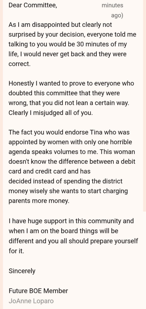 An email from JoAnne Loparo to the Stow Teachers' Association criticizing them for endorsing Tina Merlitti and making veiled threats. An email from JoAnne Loparo to the Stow Teachers' Association criticizing them for endorsing Tina Merlitti and making veiled threats.