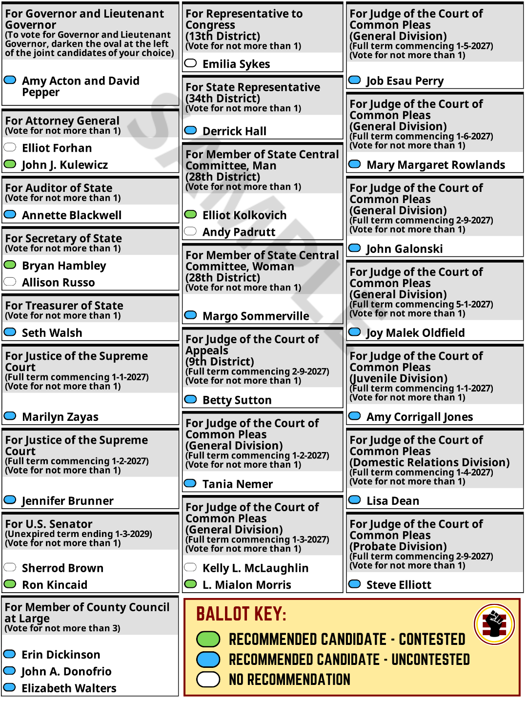 Sample ballot for Stow, Ohio's May 5, 2026 Democratic Primary Election.