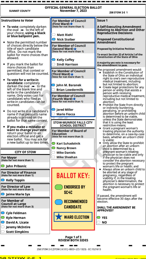Page 1 of our sample ballot for the November 2023 general election, in Stow, Ohio.