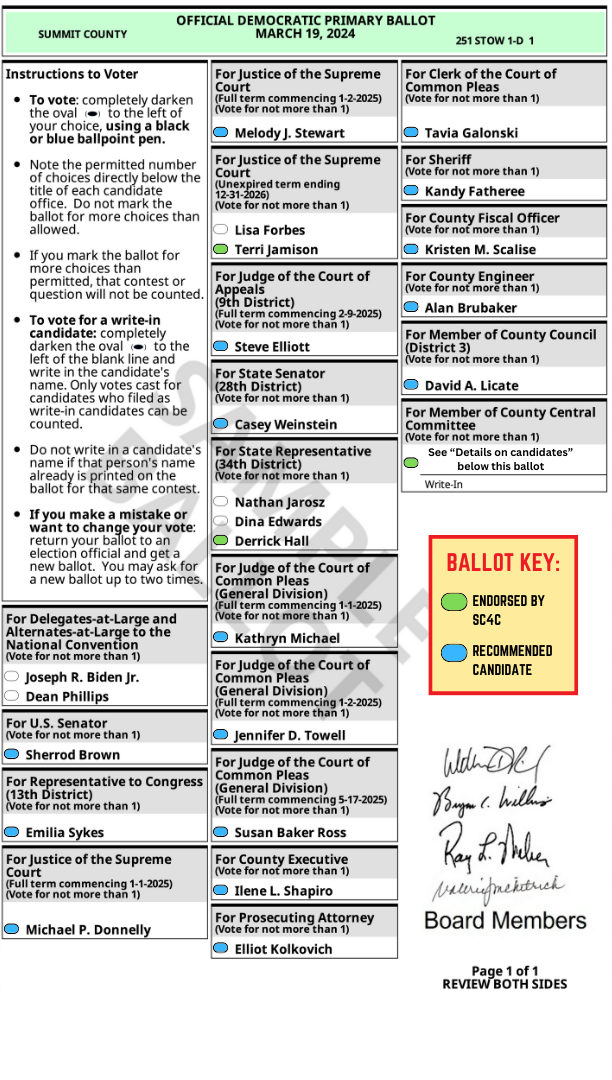 Sample ballot for Stow, Ohio's March 19 Democratic Primary Election.